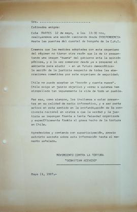 Invitación a una acción de denuncia fuera del Cuartel Borgoño de la CNI 1987