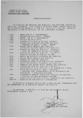Certificado de funciones realizadas por Italo Seccatore en el Ejército de Chile