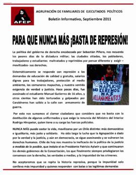 Para que nunca más ¡Basta de represión! Boletín informativo, septiembre 2011