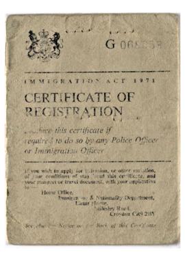 Certificado de registro de inmigración de Juan Olivares Pérez