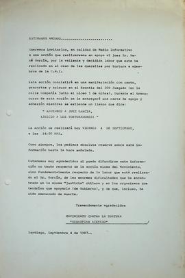 Invitación y acción en apoyo al Juez René García en el año 1987