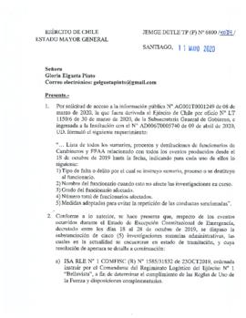 Respuesta parcial del Ejército de Chile a solicitud de Londres 38 por listado de sumarios, proces...